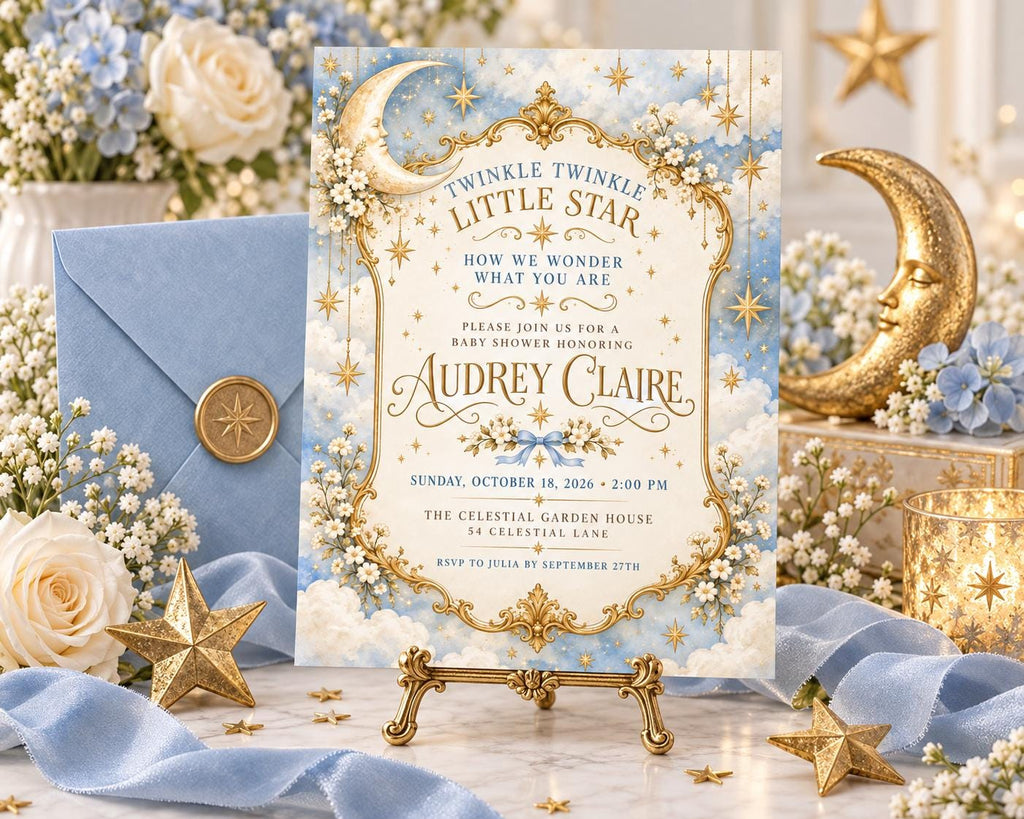 The image is a baby shower invitation featuring a blue and gold color scheme with a moon and stars theme. The invitation is placed on a stand surrounded by flowers, stars, and a crescent moon.