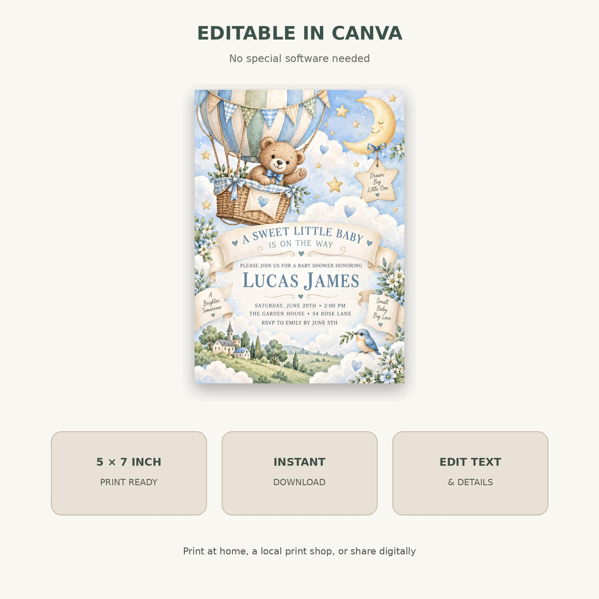 The image is a birthday invitation for a baby shower, featuring a teddy bear in a hot air balloon and a scenic landscape.