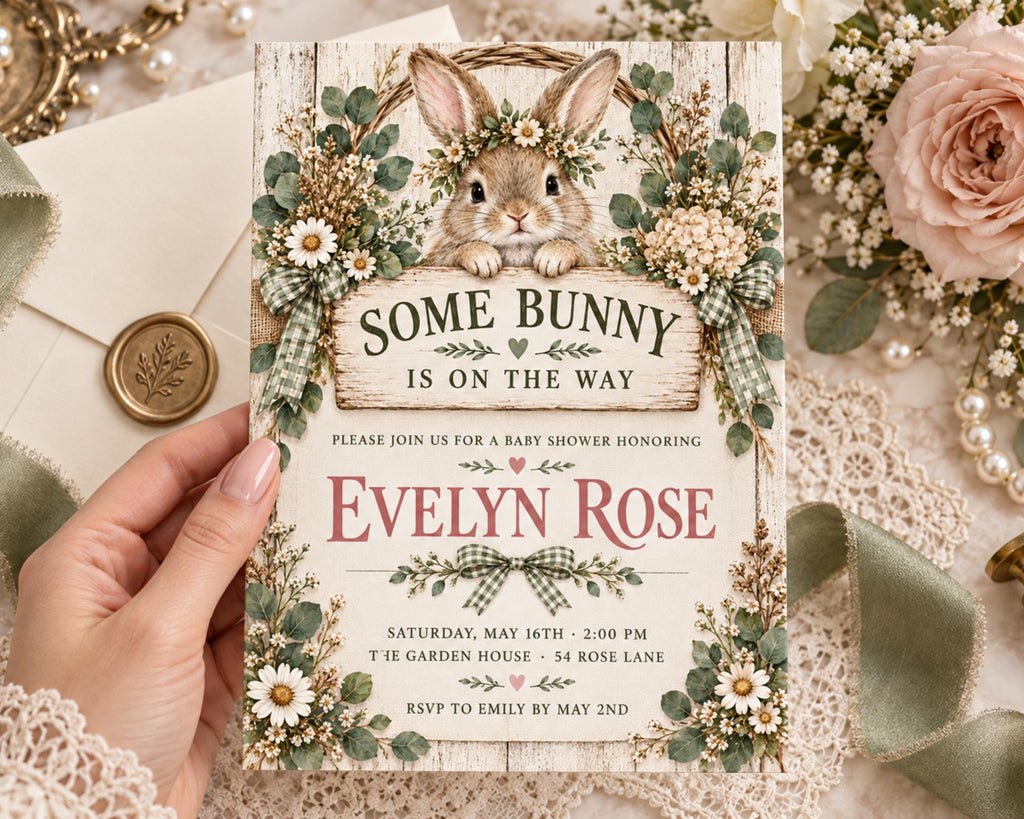 a hand holding a baby shower invitation featuring a bunny illustration and floral decorations.
