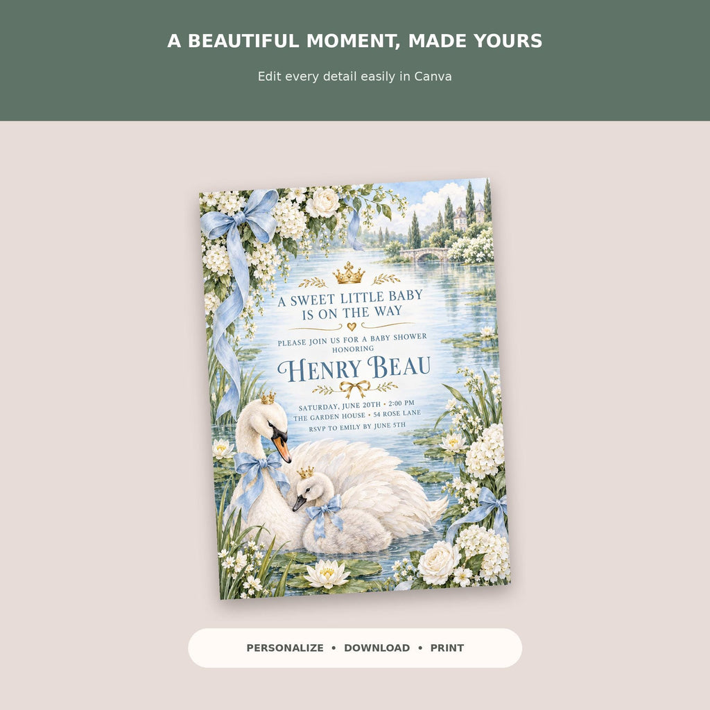 The image is a baby shower invitation featuring a serene scene of swans swimming in a pond, surrounded by flowers and greenery. The text invites guests to a baby shower for Henry Beau, with details about the event and the date.