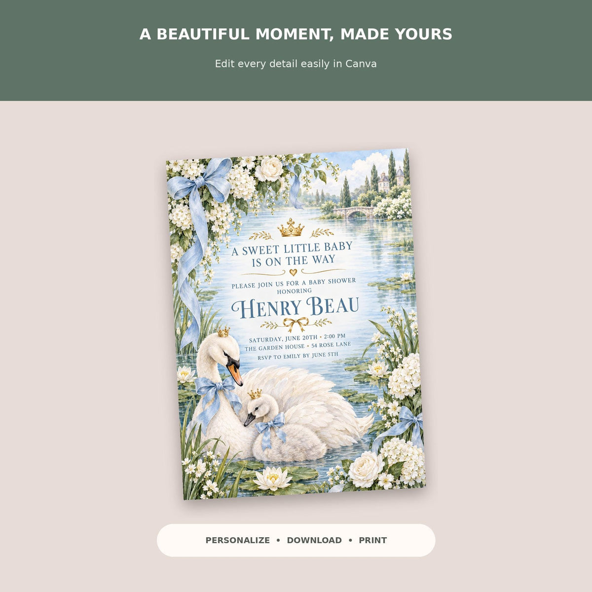 The image is a baby shower invitation featuring a serene scene of swans swimming in a pond, surrounded by flowers and greenery. The text invites guests to a baby shower for Henry Beau, with details about the event and the date.