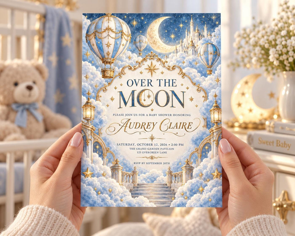 A person's hands holding a baby shower invitation with a moon and castle theme.