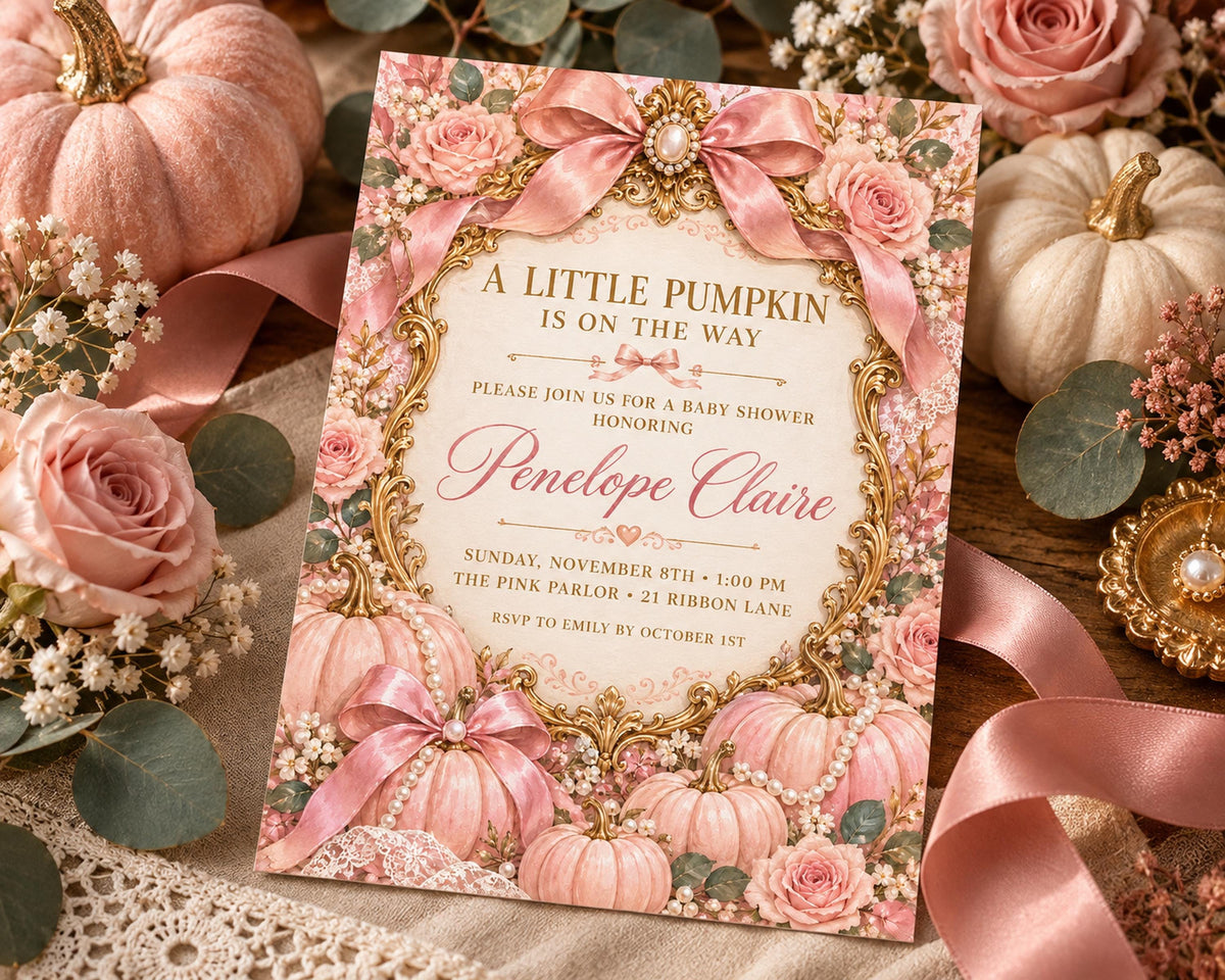 A pink and gold invitation card for a baby shower, featuring a floral design with pumpkins, roses, and ribbons.