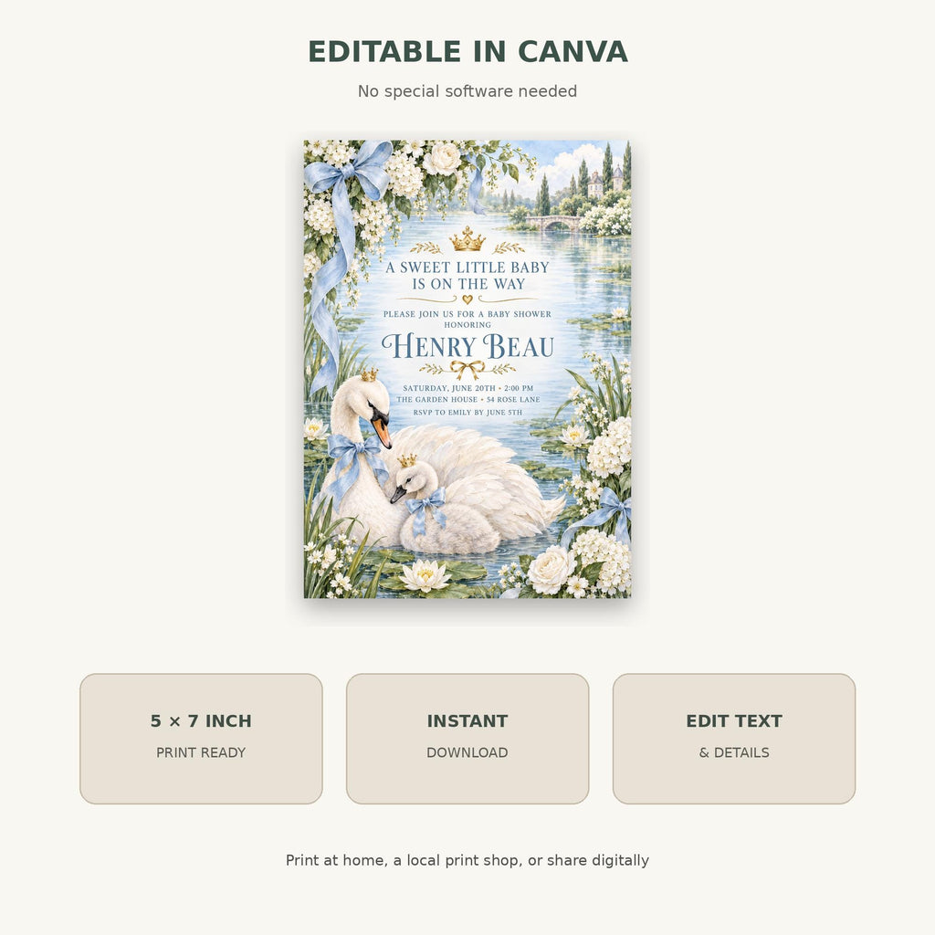The image is a digital illustration of a baby shower invitation featuring a swan and flowers.