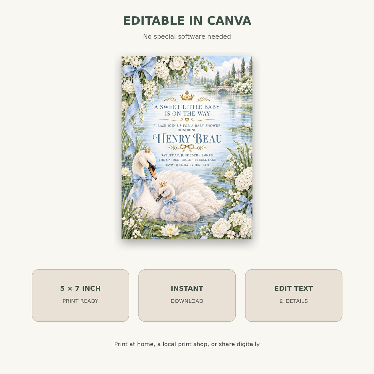 The image is a digital illustration of a baby shower invitation featuring a swan and flowers.