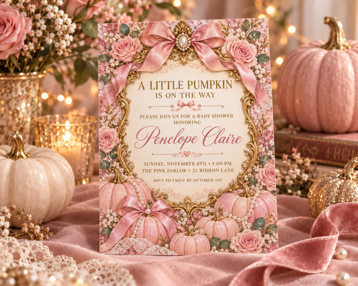 A pink and gold invitation card for a baby shower, featuring a decorative border with pumpkins, flowers, and pearls.