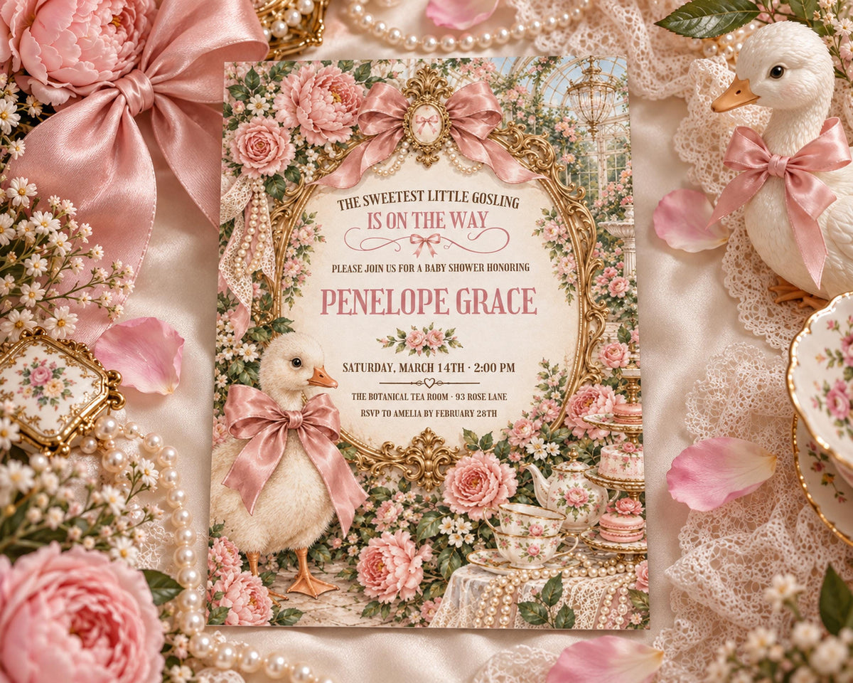 The image is a baby shower invitation featuring a pink and white color scheme with floral designs, including a duck and teacups. The text invites guests to a baby shower for Penelope Grace and provides details about the event, including the date, time, and location.