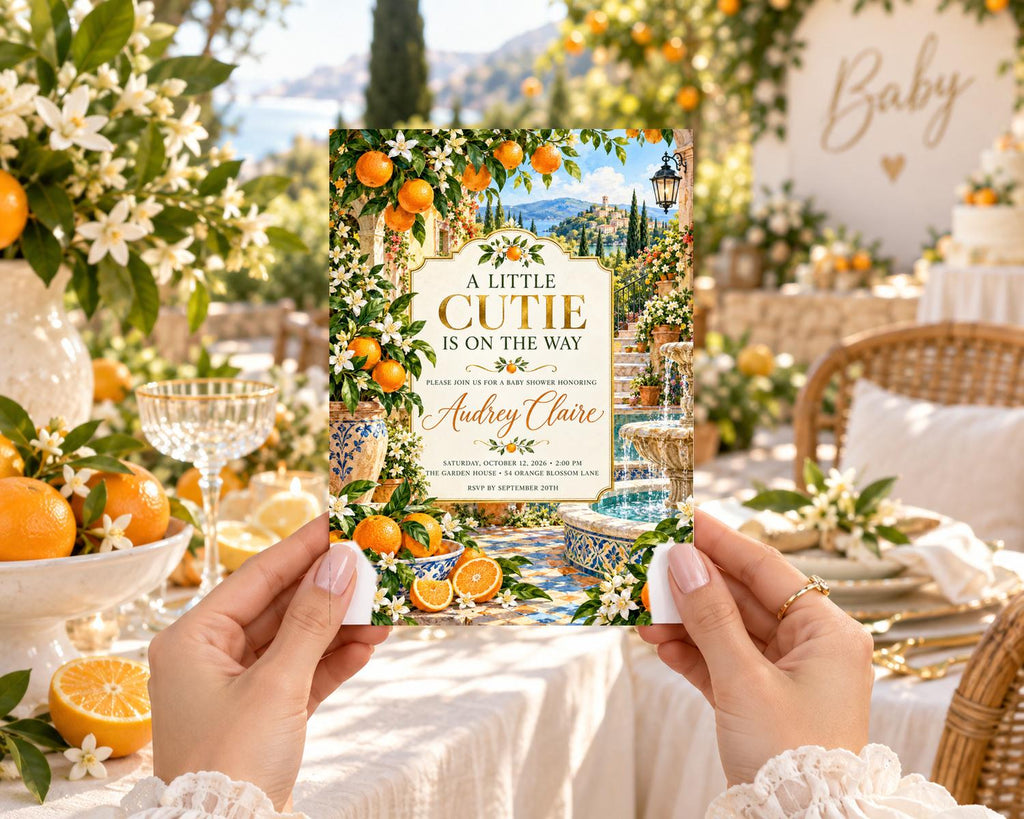 A person is holding a card with an illustration of a garden and a fountain, surrounded by flowers and oranges, in front of a table with a cake and other decorations.
