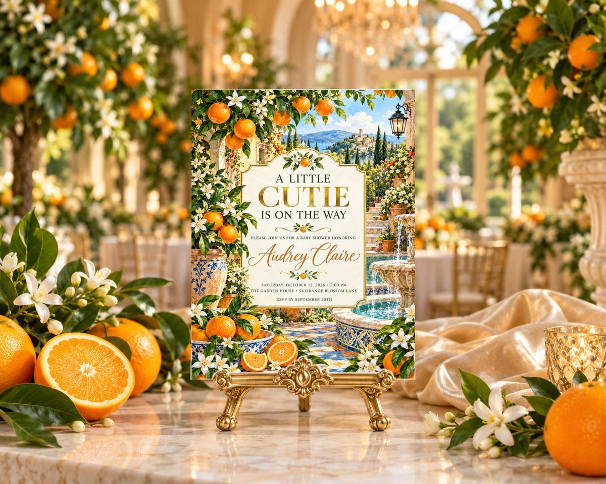 A decorative invitation card with a garden scene and oranges, placed on a table with oranges and flowers.
