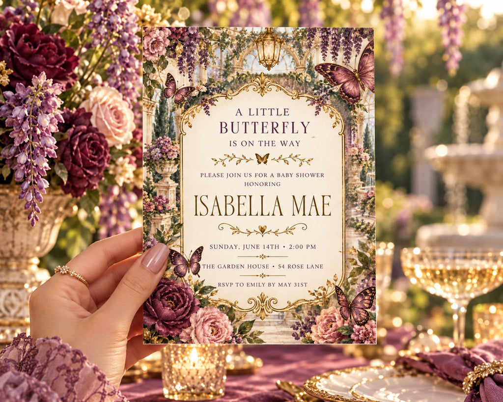 A hand holding a card with a floral design and text, with a background of flowers and a fountain.