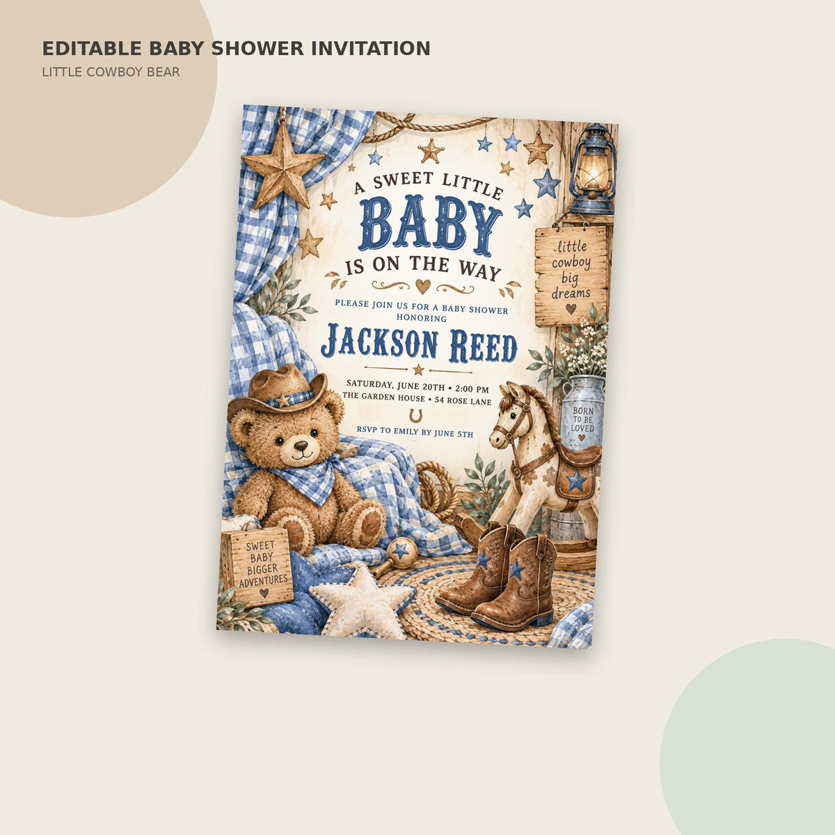 The image is an editable baby shower invitation featuring a cowboy theme. It includes a teddy bear, a horse, and other baby-related elements, along with text providing details about the baby shower.