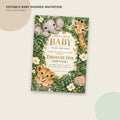 The image is an editable baby shower invitation featuring a jungle theme with illustrations of an elephant, giraffe, and lion.