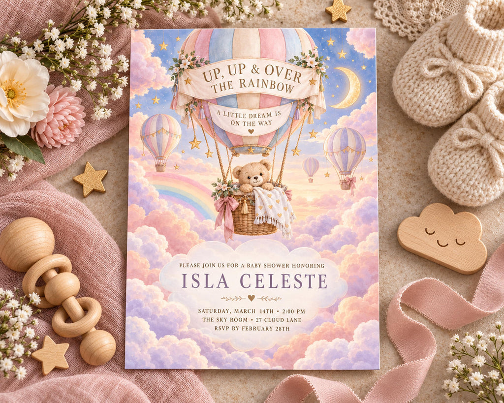 The image is a baby shower invitation featuring a whimsical scene with a teddy bear in a hot air balloon, surrounded by clouds, stars, and a rainbow. The invitation invites guests to a baby shower honoring the name Isla Celeste.