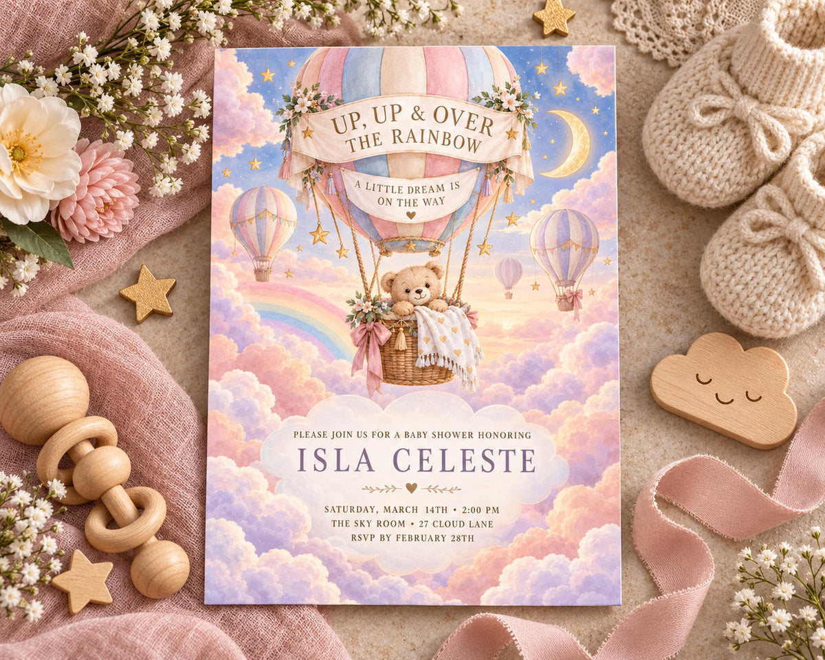 The image is a baby shower invitation featuring a whimsical scene with a teddy bear in a hot air balloon, surrounded by clouds, stars, and a rainbow. The invitation invites guests to a baby shower honoring the name Isla Celeste.