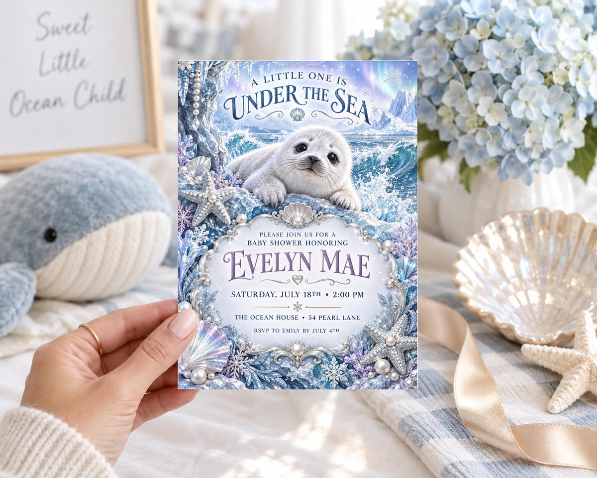 A hand holding a baby shower invitation for "Evelyn Mae" with a seal and ocean theme, surrounded by baby shower decorations and a stuffed whale.