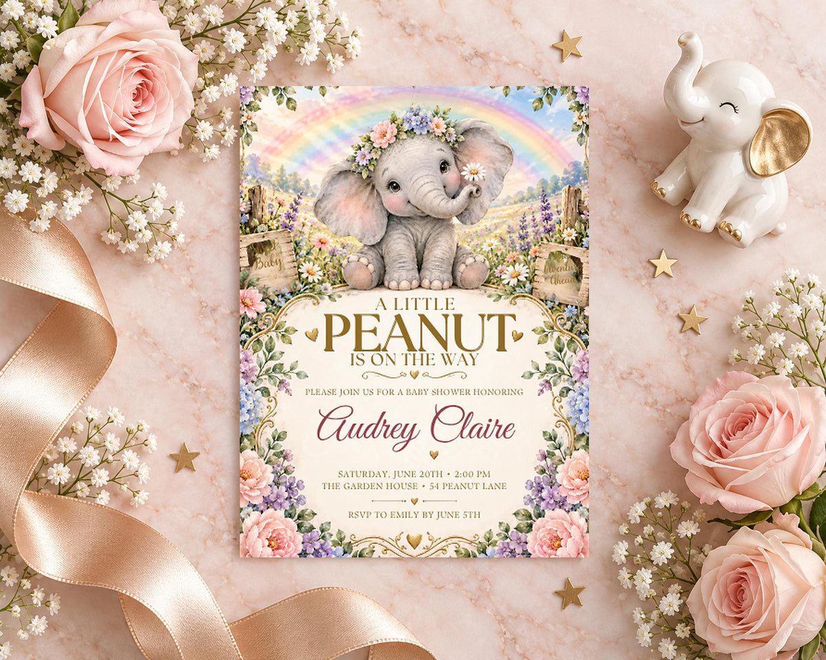 A baby shower invitation featuring a cute elephant and pink flowers, with a pink ribbon and stars surrounding it.
