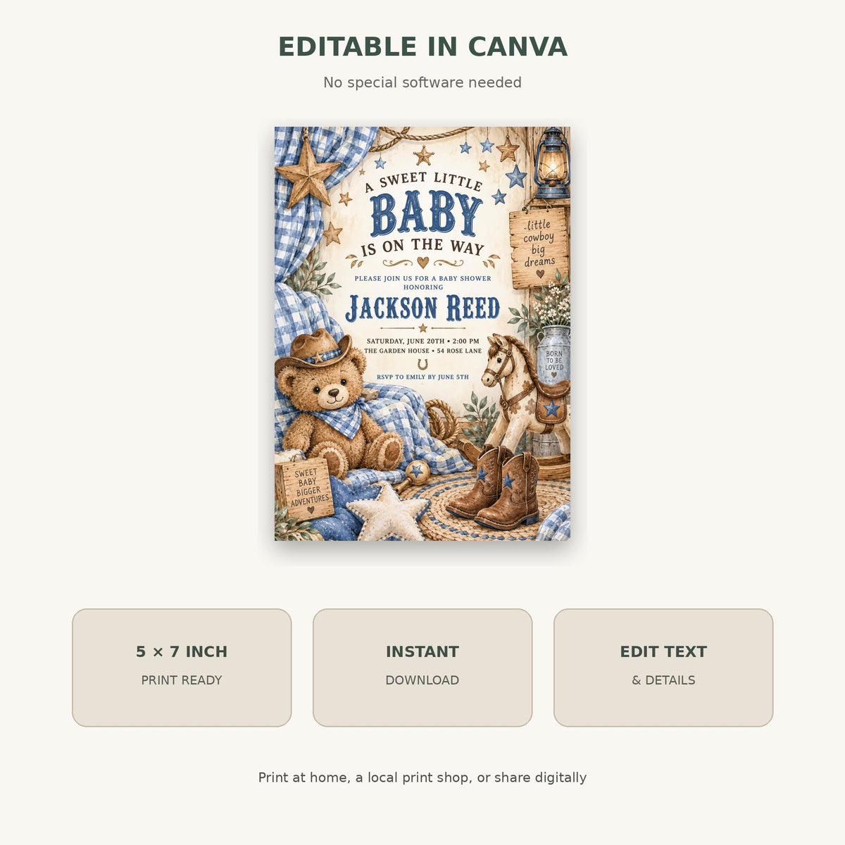 The image is a book cover for a "Sweet little baby" themed book, featuring illustrations of a teddy bear, a cowboy hat, and other baby-related items.