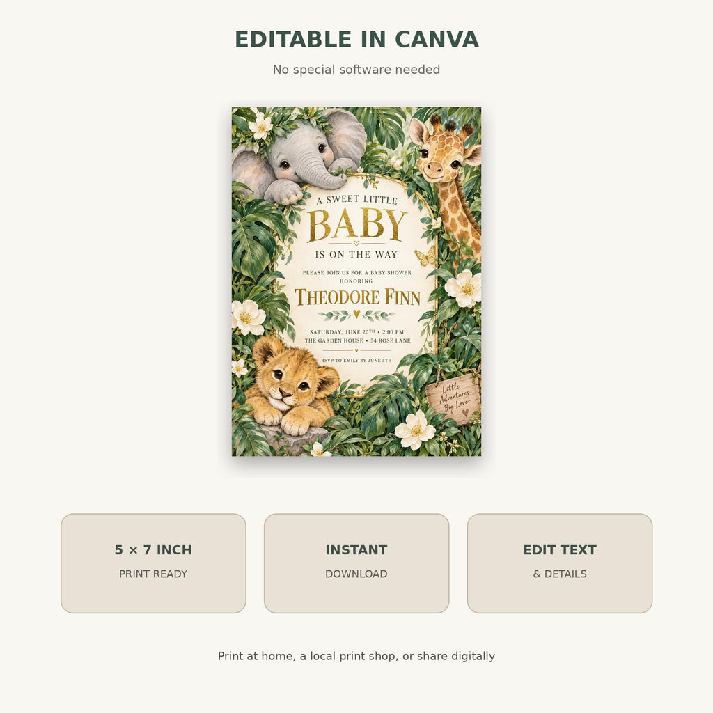 The image is a digital invitation featuring a baby surrounded by elephants, giraffes, and other animals in a lush, green jungle setting.