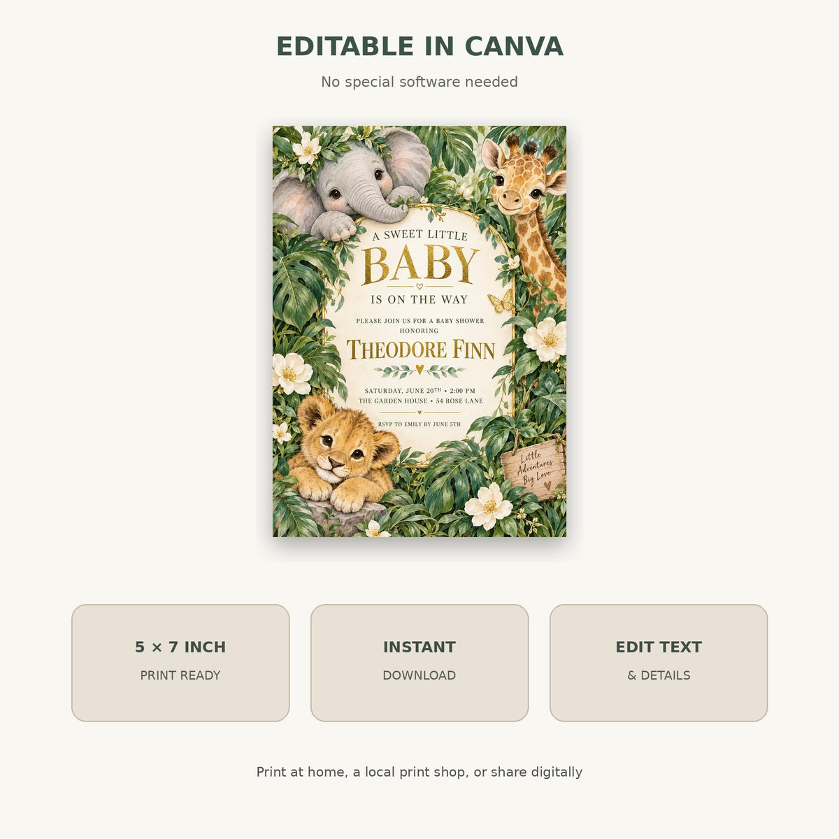 The image is a digital invitation featuring a baby surrounded by elephants, giraffes, and other animals in a lush, green jungle setting.