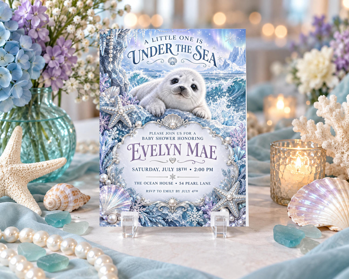 The image is a baby shower invitation featuring a cute seal and a seascape theme, surrounded by seashells, pearls, and candles.