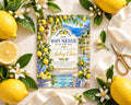a book titled "Our Main Squeeze is on the Way" by Audrey Claire, surrounded by lemons, flowers, and a pair of scissors.