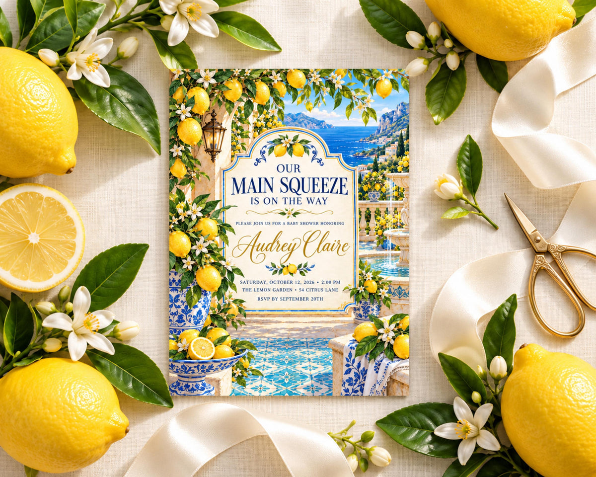 a book titled "Our Main Squeeze is on the Way" by Audrey Claire, surrounded by lemons, flowers, and a pair of scissors.