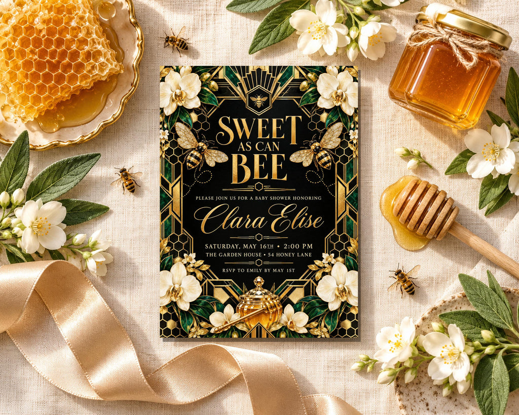 a honeycomb-themed baby shower invitation with a floral design, honey, and honeycomb elements.