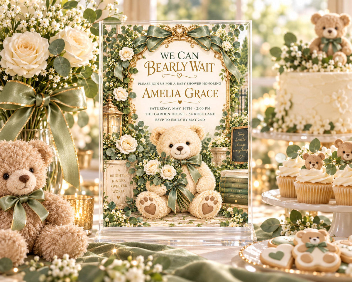 a beautifully decorated baby shower invitation with a teddy bear theme, surrounded by various desserts and decorations.