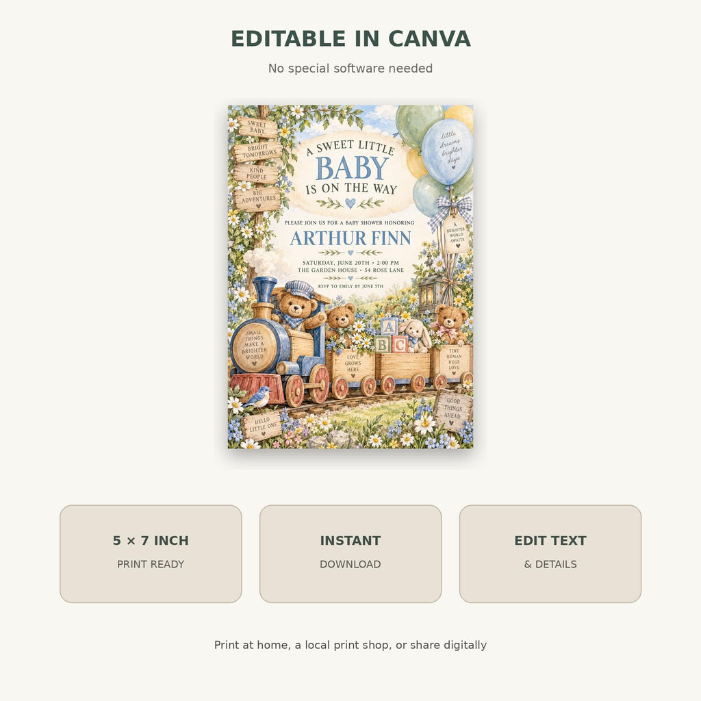 The image is a digital illustration of a baby shower invitation featuring a train with teddy bears, flowers, and balloons.