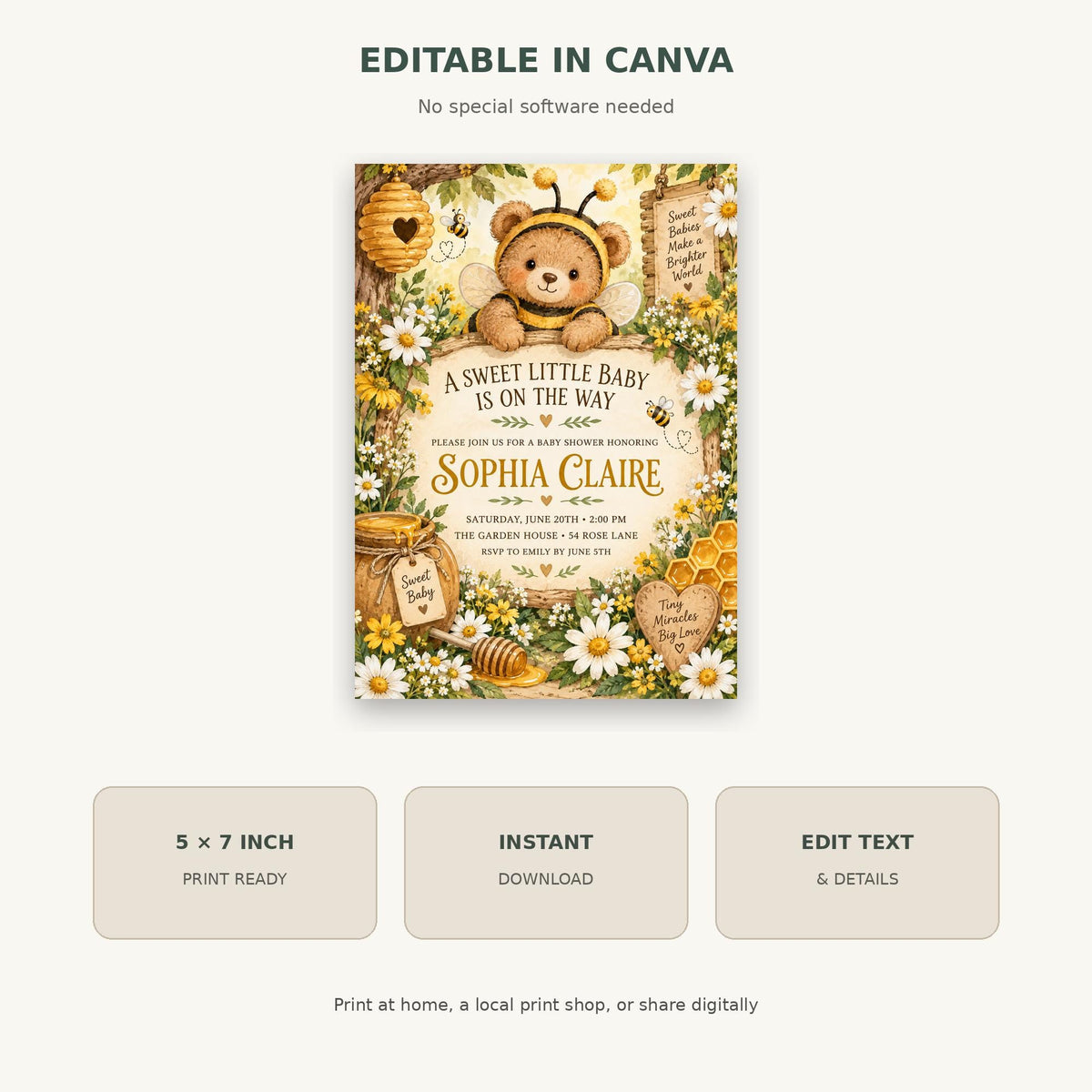 The image is a digital invitation featuring a cute bear wearing a bee costume, surrounded by flowers and honeycombs, with text that reads "A Sweet little Baby is on the way" and "Sophia Claire".