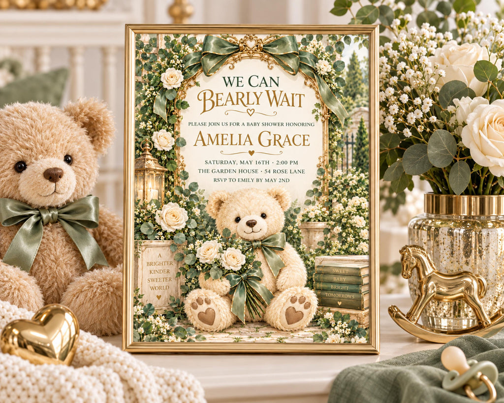 a framed baby shower invitation with a teddy bear and floral decorations.