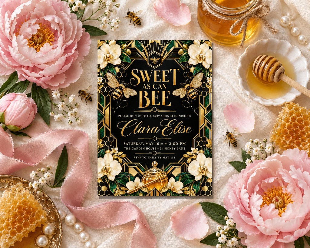 a wedding invitation with a honeycomb design, surrounded by various floral elements such as pink peonies, white flowers, and honeycombs.