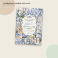 The image is an editable baby shower invitation featuring a French Blue Toile Bunny theme. The invitation includes a sweet little baby theme, with illustrations of a baby shower, a baby, and a baby shower gift. The invitation is for Louise Claire's baby shower, scheduled for Saturday, June 26th, from 6:00 to 8:00 PM at the Garden House, located at Rose Lane. RSVP to the event by June 5th.