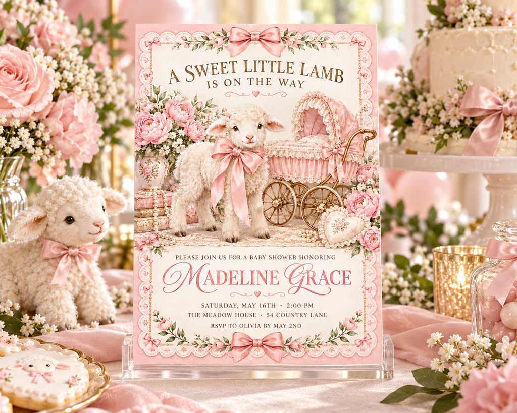A pink baby shower invitation featuring a lamb and a carriage, surrounded by pink flowers and baby-themed decorations.