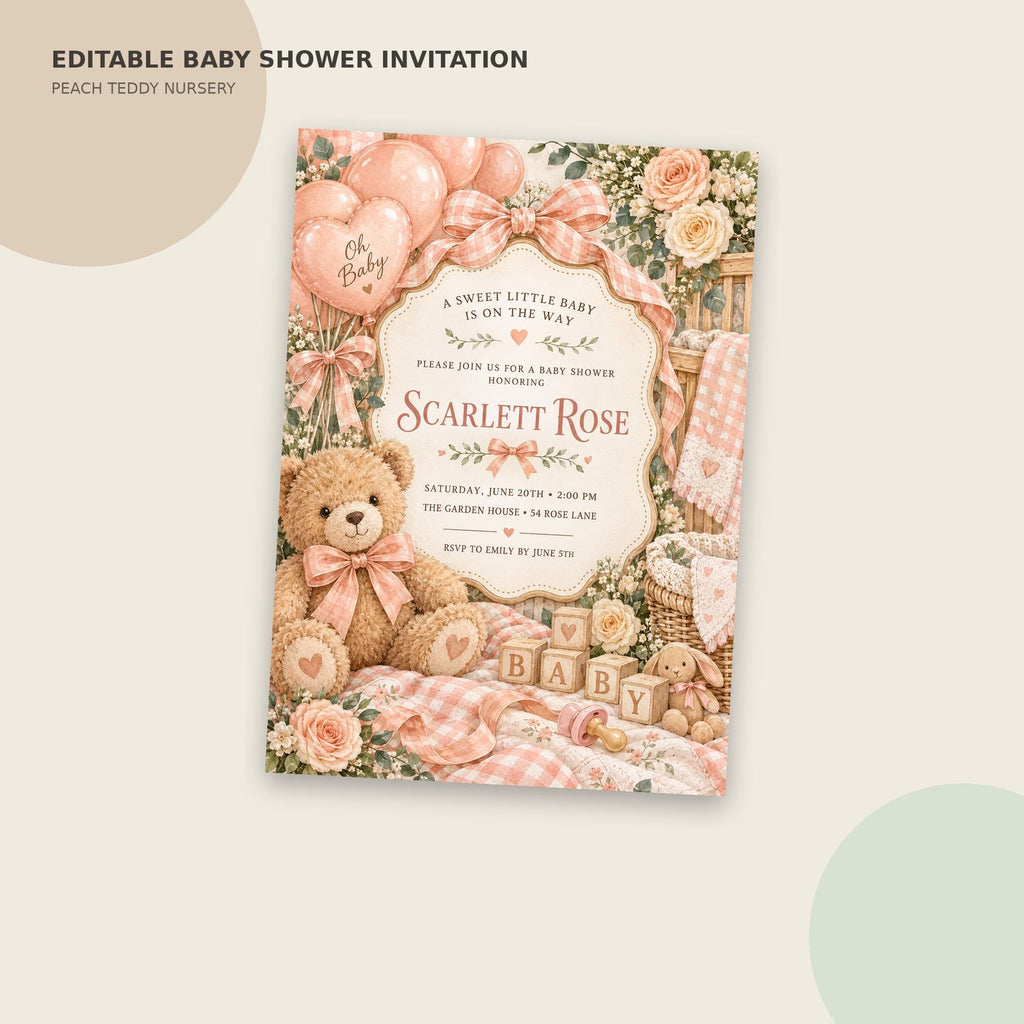 The image is an invitation for a baby shower, featuring a teddy bear and pink balloons as decorative elements.