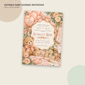 The image is an invitation for a baby shower, featuring a teddy bear and pink balloons as decorative elements.