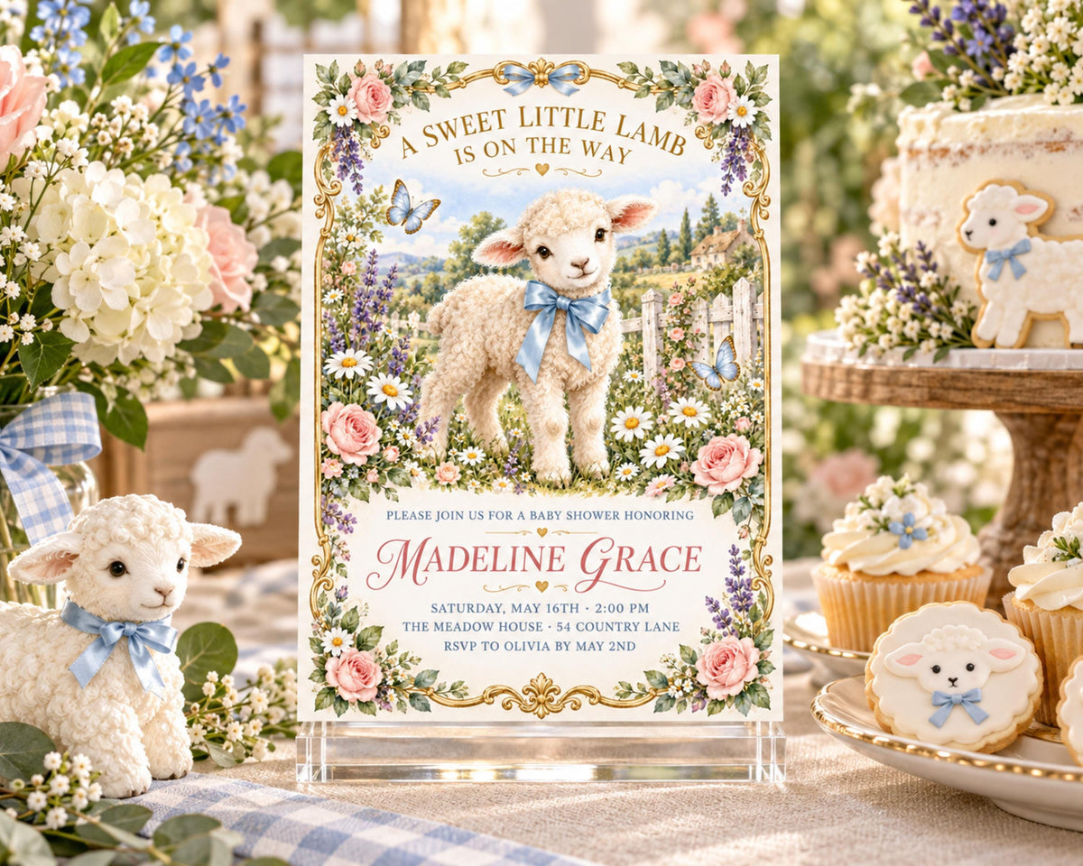 A sweet little lamb-themed baby shower invitation featuring a lamb illustration, surrounded by flowers and other baby shower decorations.