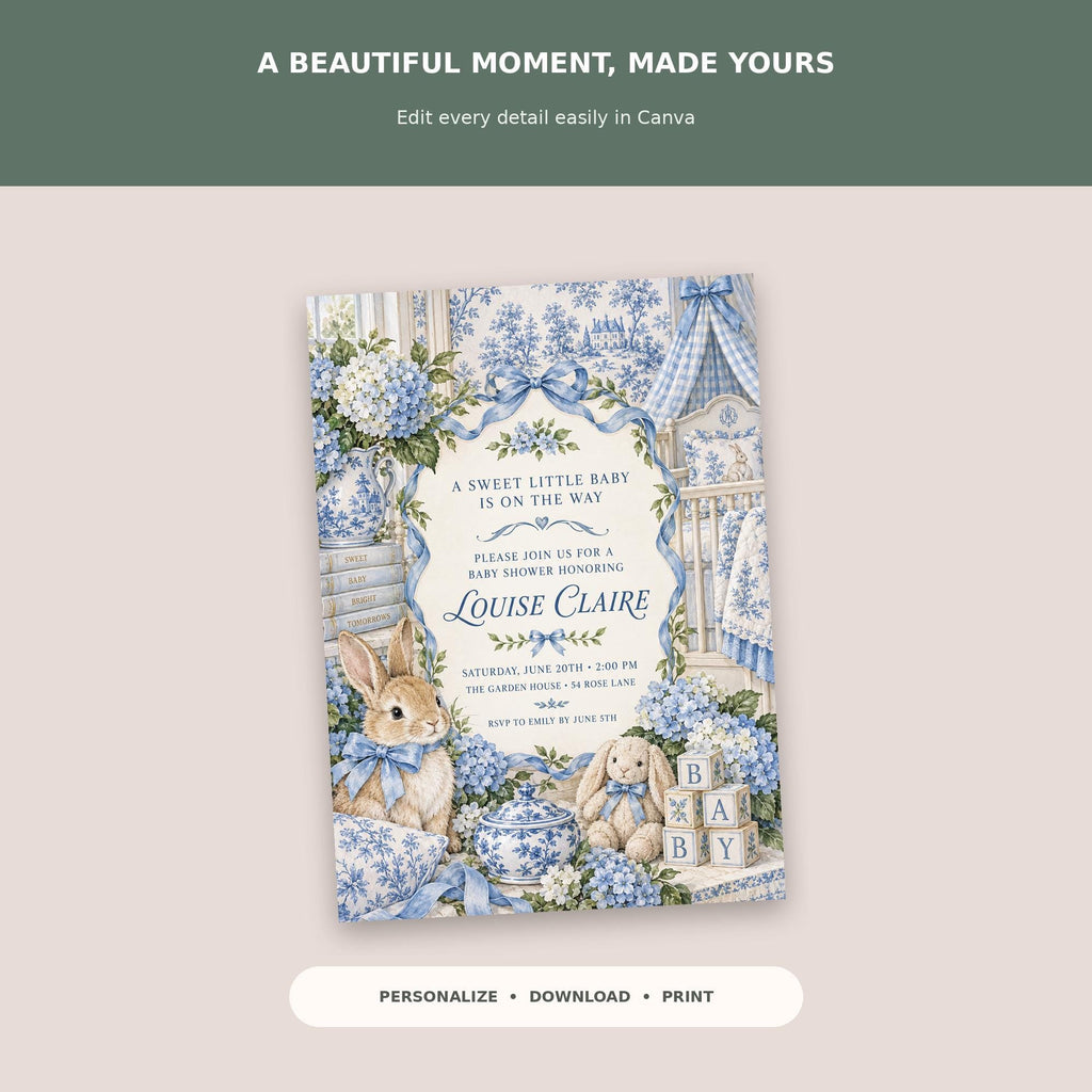 The image is a baby shower invitation featuring a charming illustration of a baby rabbit surrounded by flowers and baby blue accents. The invitation is personalized and includes details about the event, such as the date, time, and location.