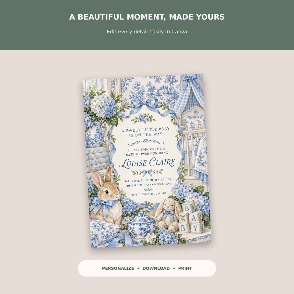 The image is a baby shower invitation featuring a charming illustration of a baby rabbit surrounded by flowers and baby blue accents. The invitation is personalized and includes details about the event, such as the date, time, and location.