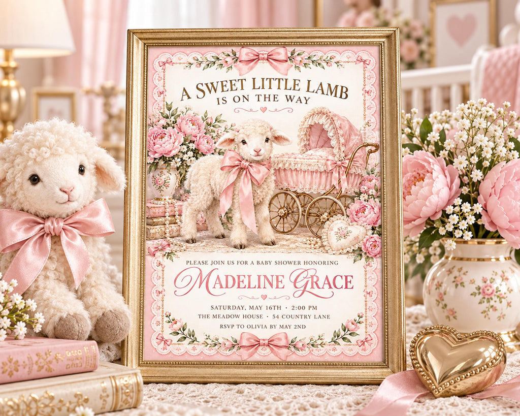 A framed baby shower invitation for Madeline Grace, featuring a pink and white color scheme with illustrations of a lamb and a carriage. The invitation is surrounded by pink and white flowers, and there are stuffed animals and a vase with flowers on a table.