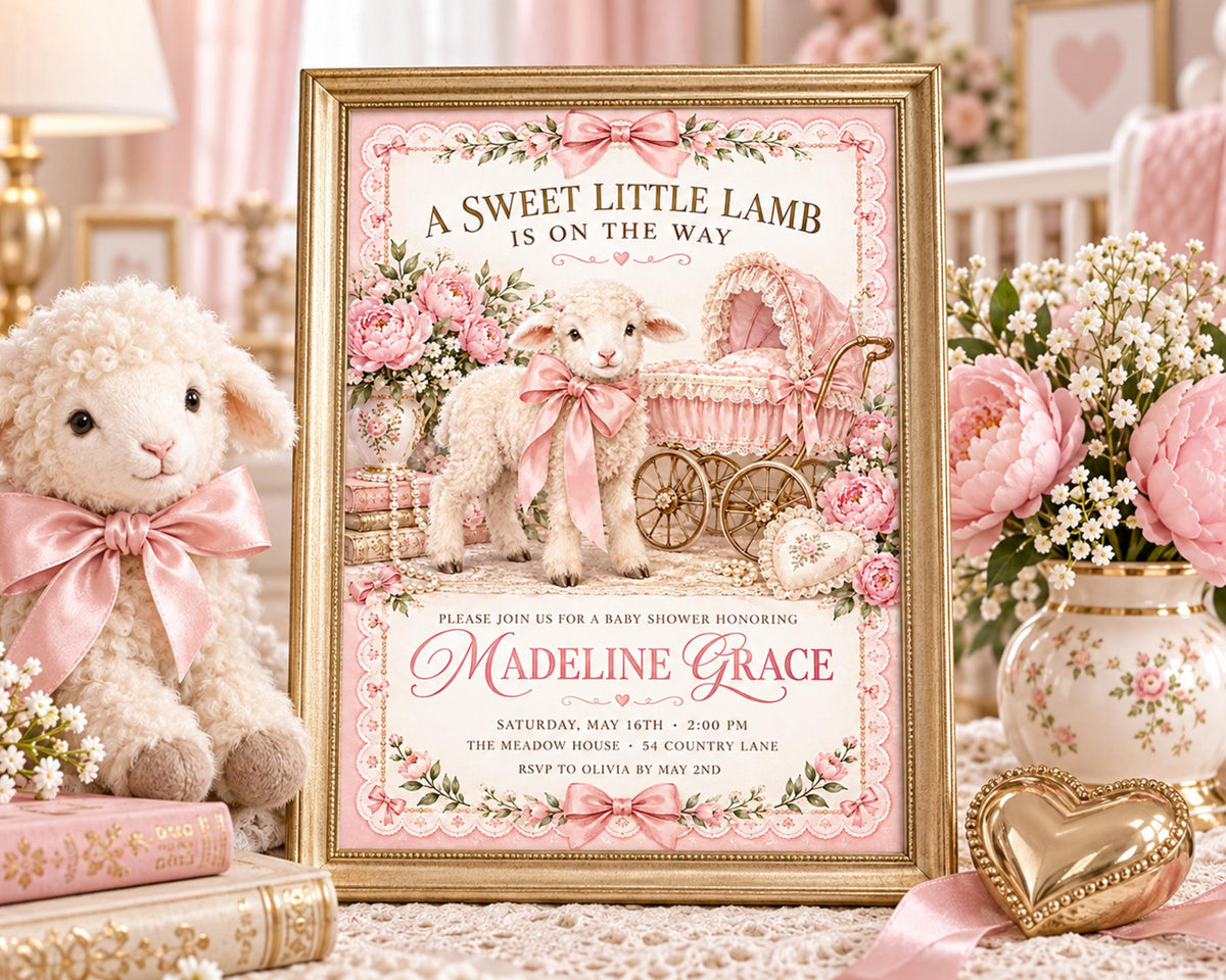 A framed baby shower invitation for Madeline Grace, featuring a pink and white color scheme with illustrations of a lamb and a carriage. The invitation is surrounded by pink and white flowers, and there are stuffed animals and a vase with flowers on a table.