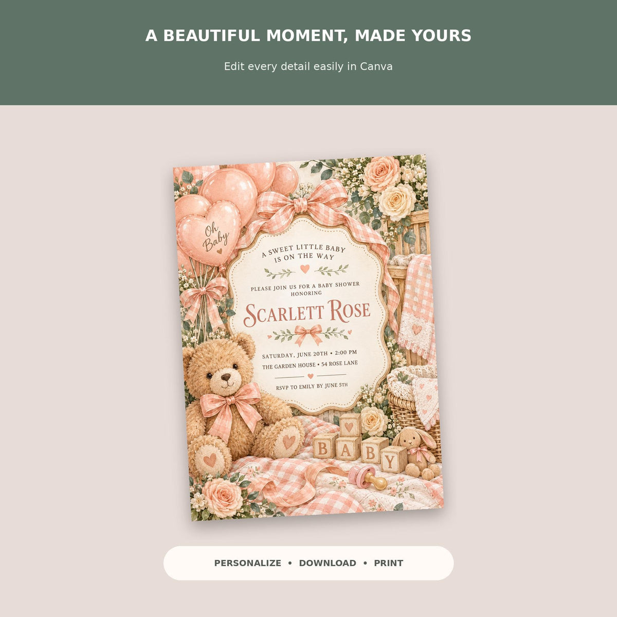 The image is a baby shower invitation featuring a teddy bear, balloons, and floral decorations in a pastel color palette.