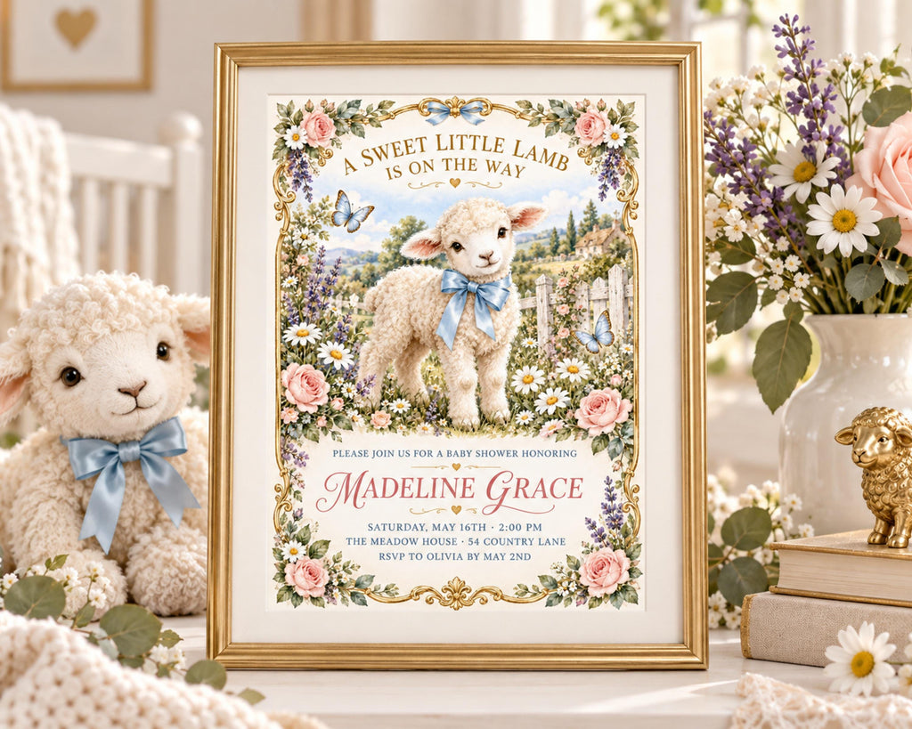 A framed baby shower invitation featuring a lamb and flowers, with a stuffed lamb and a vase of flowers in the background.