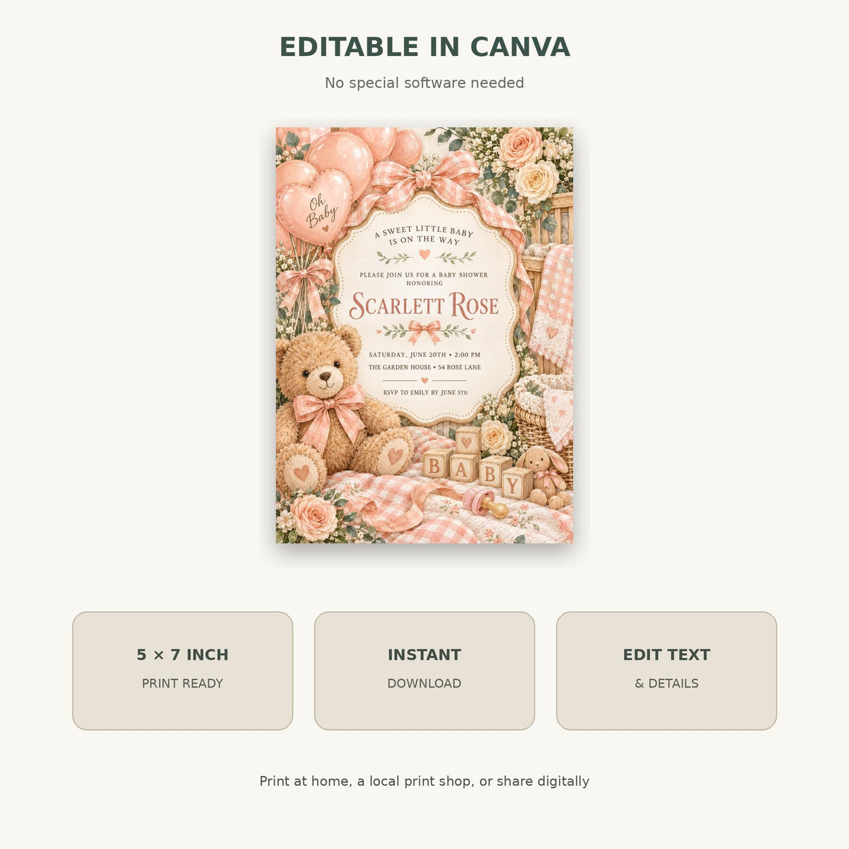 The image is a screenshot of a baby shower invitation featuring a teddy bear and pink and white floral elements.