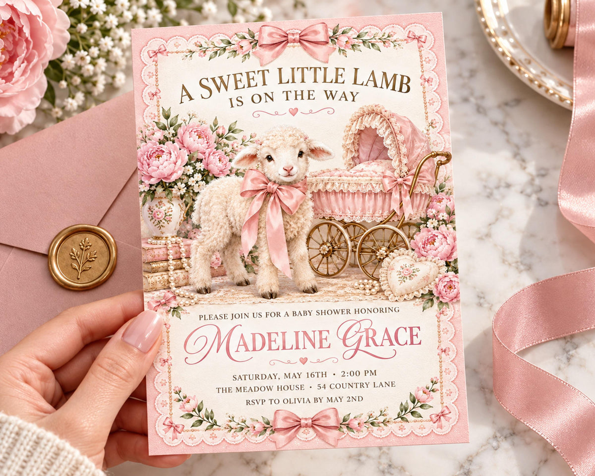A hand holding a pink baby shower invitation featuring a lamb and a carriage, with a floral border and a ribbon.