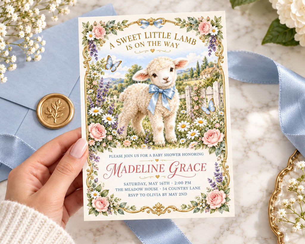 A hand holding a baby shower invitation featuring a lamb and flowers, with a blue envelope and white flowers in the background.