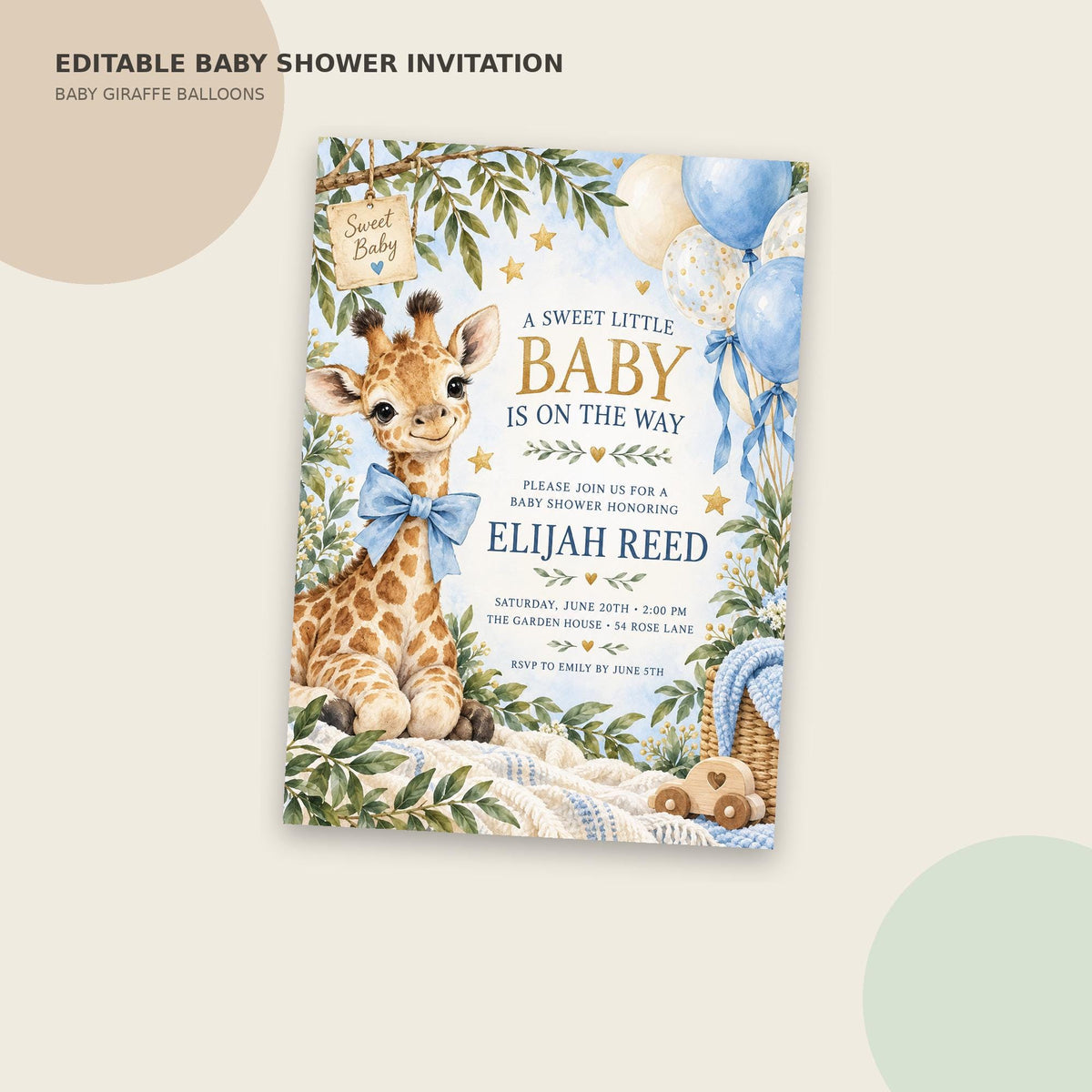 The image is a baby shower invitation featuring a giraffe and blue balloons.