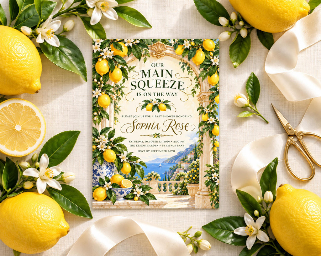 a lemon-themed invitation card with a scenic background of a lemon garden and a blue and white building, surrounded by fresh lemons, white flowers, and green leaves.