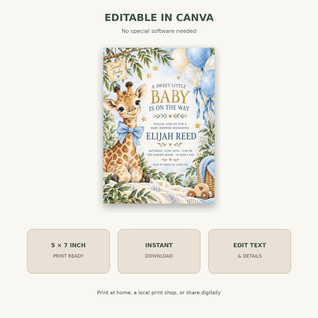 The image is a baby shower invitation featuring a giraffe and other wildlife elements, with a blue and white color scheme.