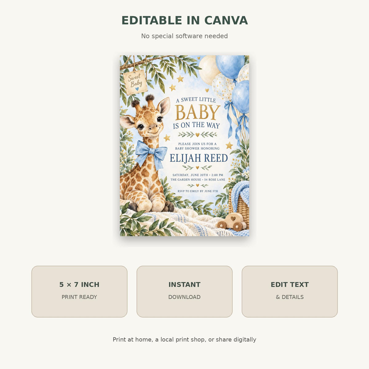 The image is a baby shower invitation featuring a giraffe and other wildlife elements, with a blue and white color scheme.